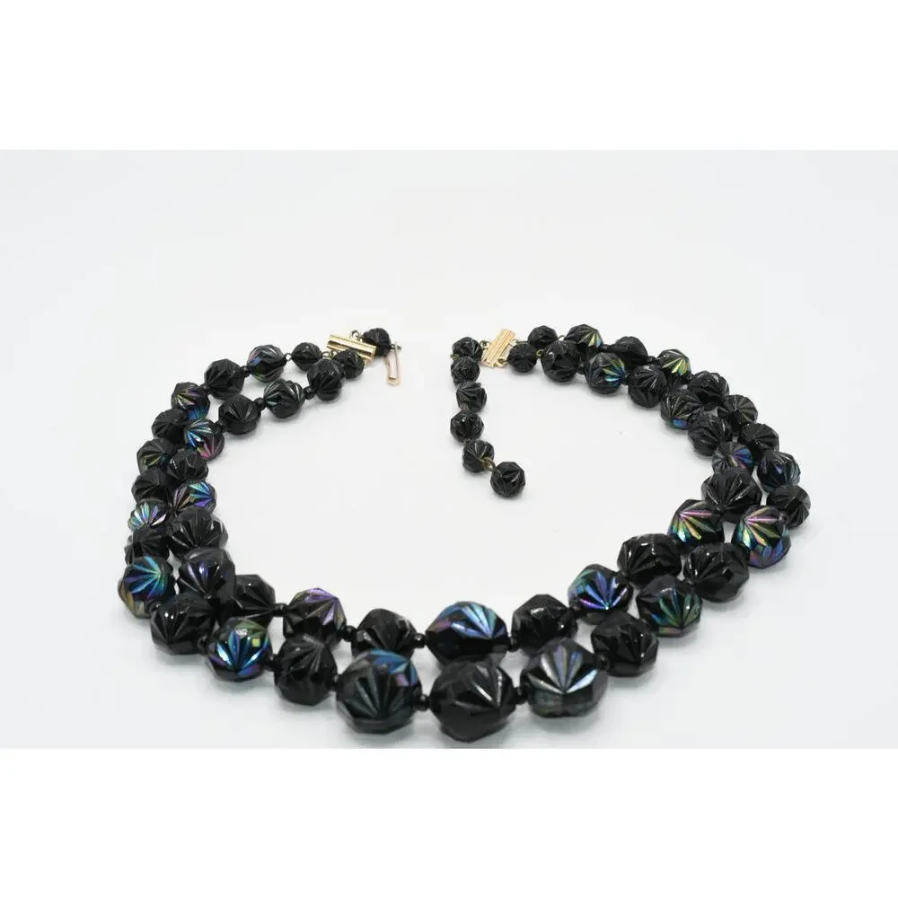 Vintage West Germany Black Iridescent Lucite Bead Necklace Double Strand